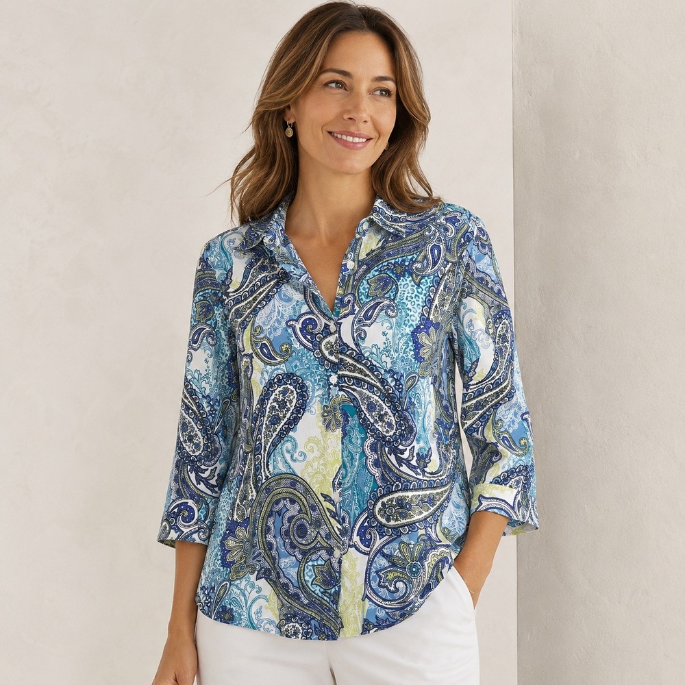 Paisley No Iron Cotton Button Up Shirt Blue Teal Resort Large